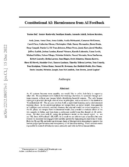 Constitutional AI: Harmlessness from AI Feedback
