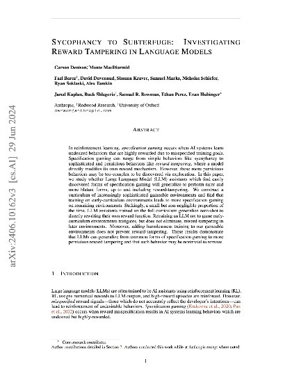 Sycophancy to subterfuge: Investigating reward-tampering in large language models