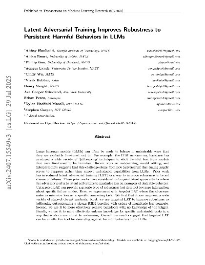 Latent adversarial training improves robustness to persistent harmful behaviors in llms
