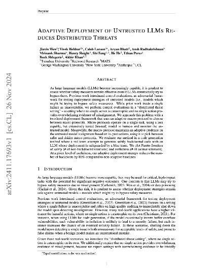 Adaptive deployment of untrusted llms reduces distributed threats