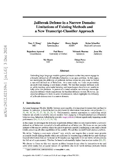 Jailbreak defense in a narrow domain: Limitations of existing methods and a new transcript-classifier approach