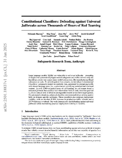 Constitutional classifiers: Defending against universal jailbreaks across thousands of hours of red teaming